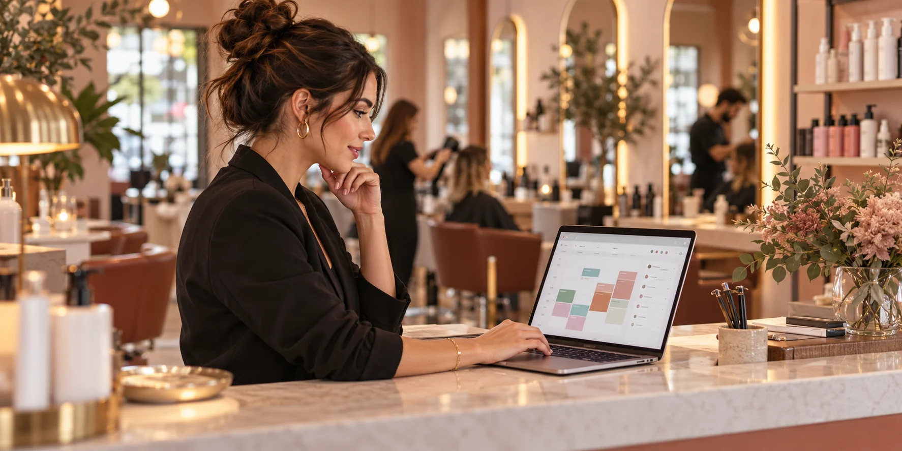 Kuaför salonu yöneticisinin laptopta randevu takvimini ve hizmet planını incelediği çalışma alanı