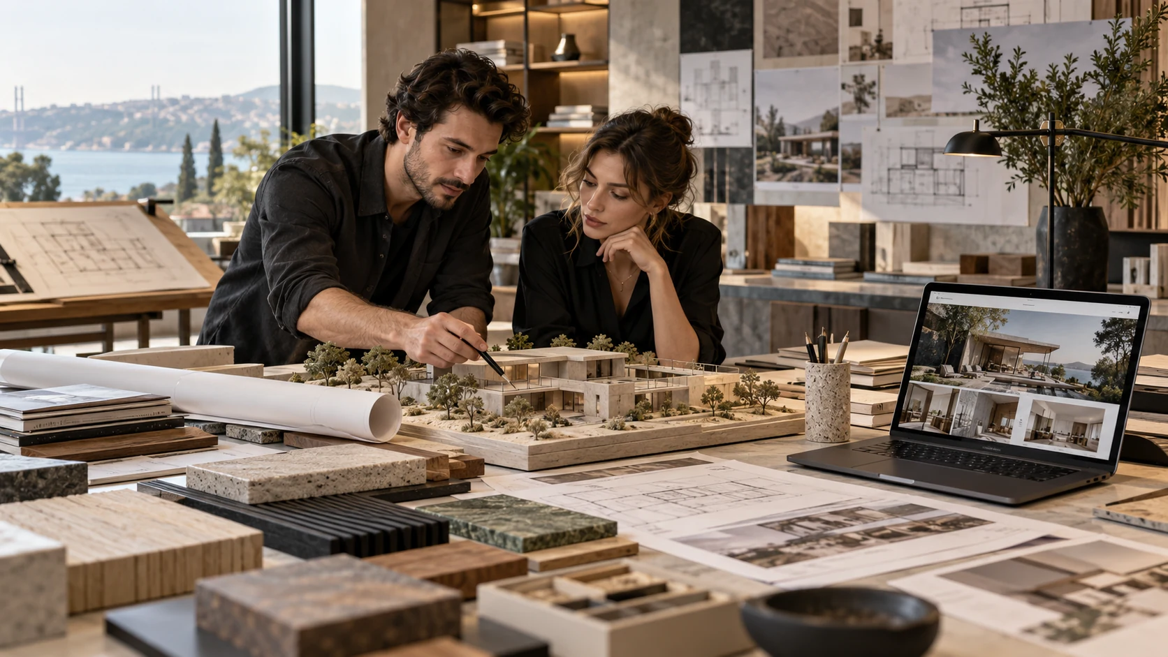 Mimarlık ofisinde mimarların maket, malzeme örnekleri ve proje portföyünü incelediği çalışma alanı