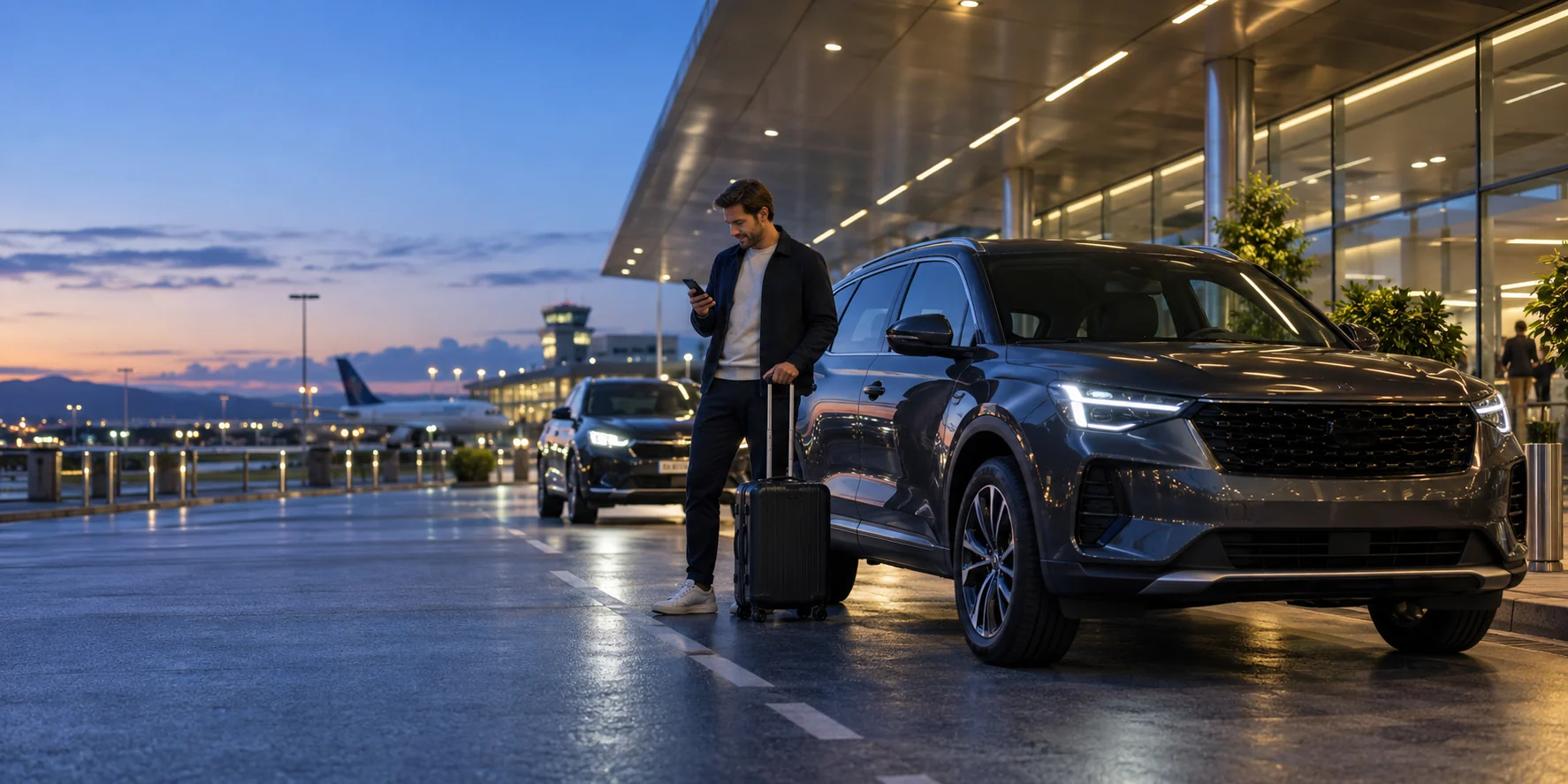 Havalimanında modern bir kiralık SUV teslim alan yolcu