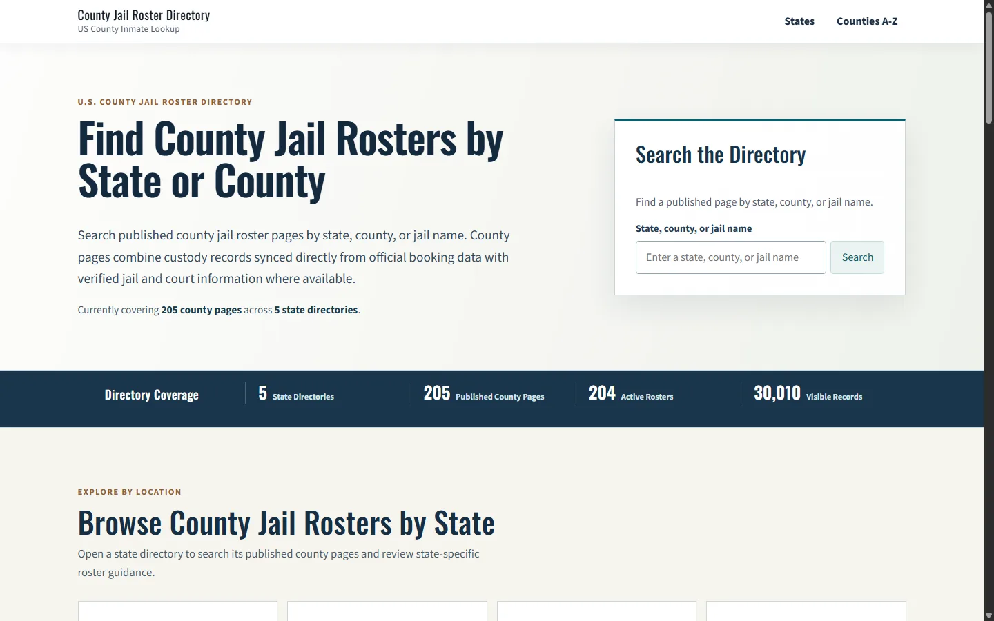 County Jail Roster web projesi ekran görüntüsü