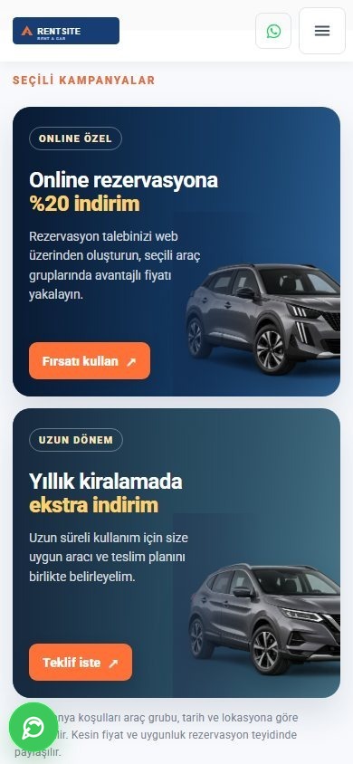 RentSite mobil rezervasyon görünümü